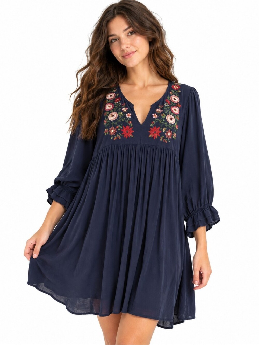 JODIFL Dress Size L Navy Blue Floral Embroidered Babydoll Boho Rayon